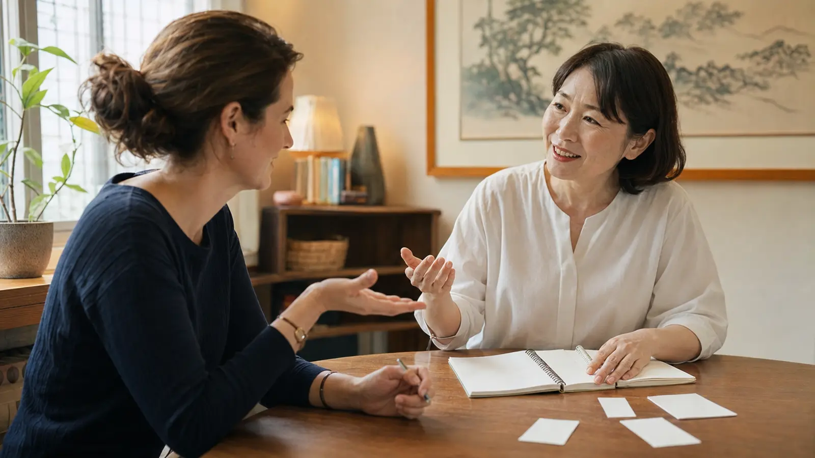 講師と一緒に短い英語を言い直して会話を続ける大人女性