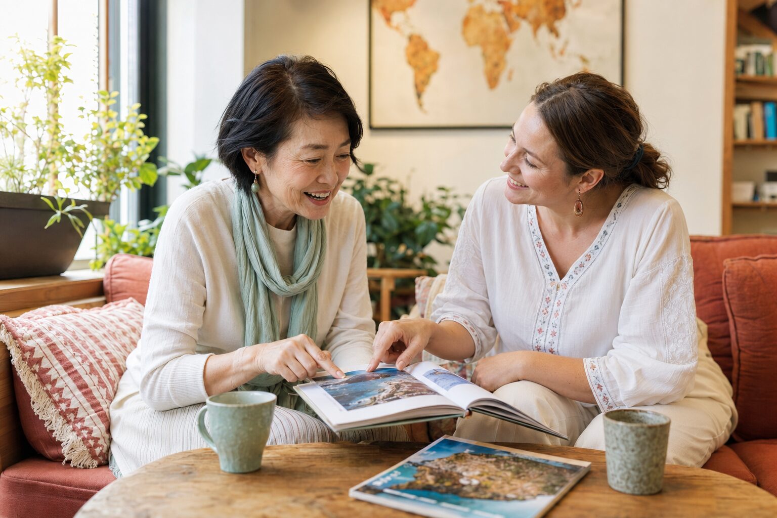 旅行の写真を見ながら外国人講師と英会話を楽しむ大人女性