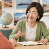 定年後の趣味として外国人講師と旅行英会話を学ぶシニア女性
