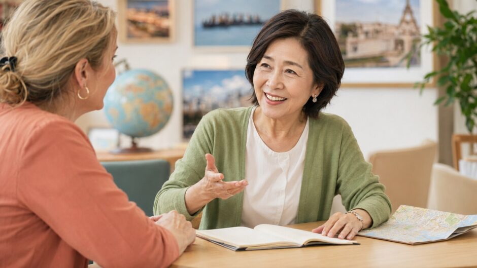定年後の趣味として外国人講師と旅行英会話を学ぶシニア女性