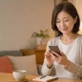 スマートフォンで次の英会話レッスンを予約する大人の女性