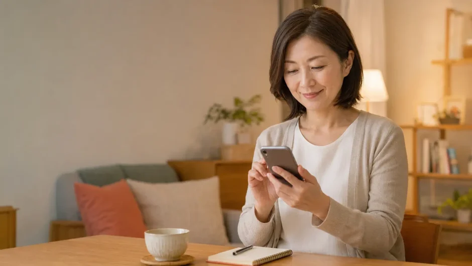 スマートフォンで次の英会話レッスンを予約する大人の女性