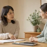 英会話レッスン中にノートを指して質問する大人女性