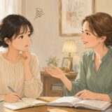 英会話レッスンについていけず不安を感じる大人初心者を講師が支える様子