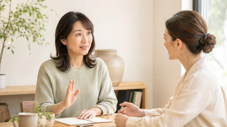 英会話レッスンで一度止めて理解を確認する大人女性