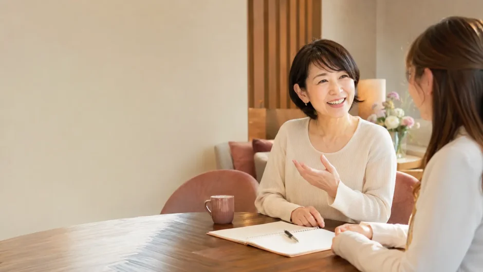 宿題が終わっていなくても英会話レッスンで会話を楽しむ女性