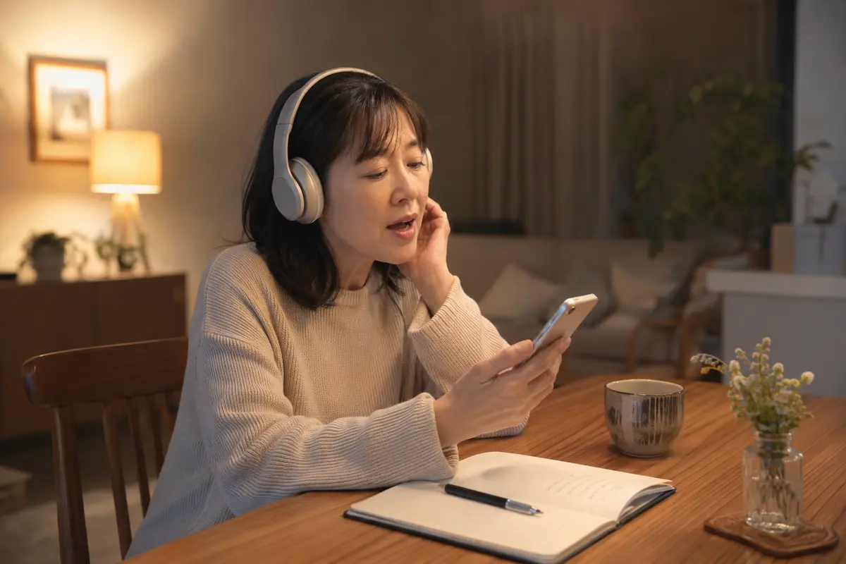 自宅でスマートフォンの英語音声を聞きながら短い復習をする大人女性
