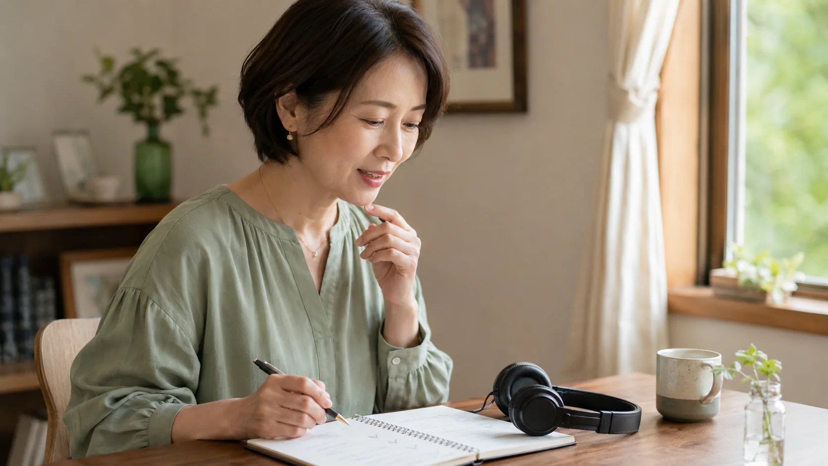 英語の聞き取りをノートで復習する大人女性