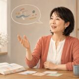 英会話フレーズ集を参考にしながら自分の言葉で英語を話す大人女性