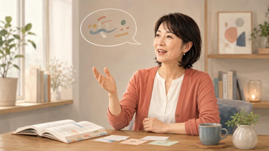 英会話フレーズ集を参考にしながら自分の言葉で英語を話す大人女性