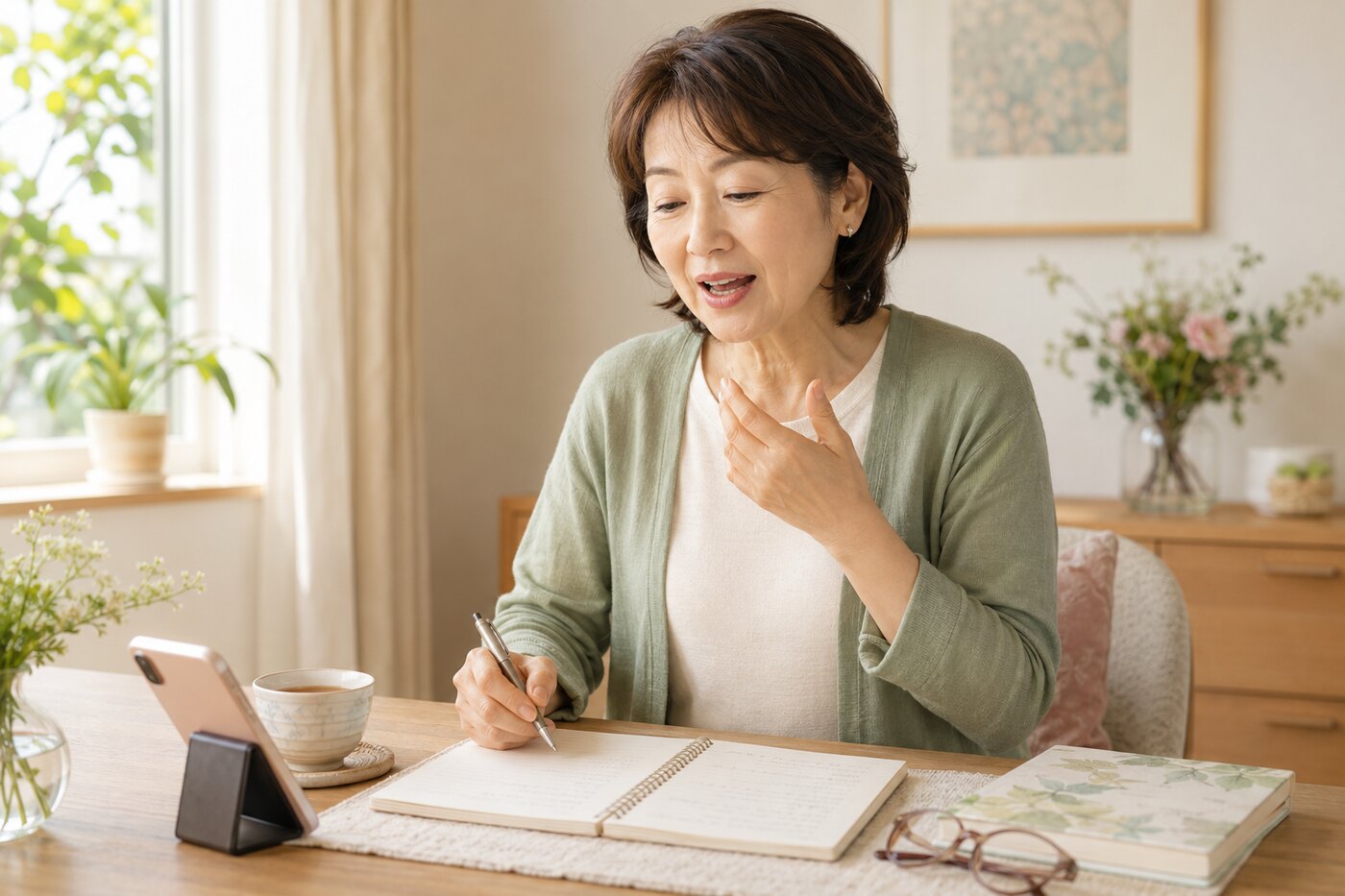 60代の女性が自宅で短い英語を声に出して練習している様子