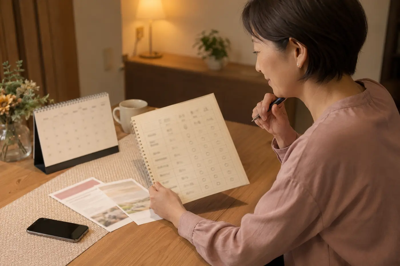 体験した英会話教室の比較項目を自宅で確認する大人女性