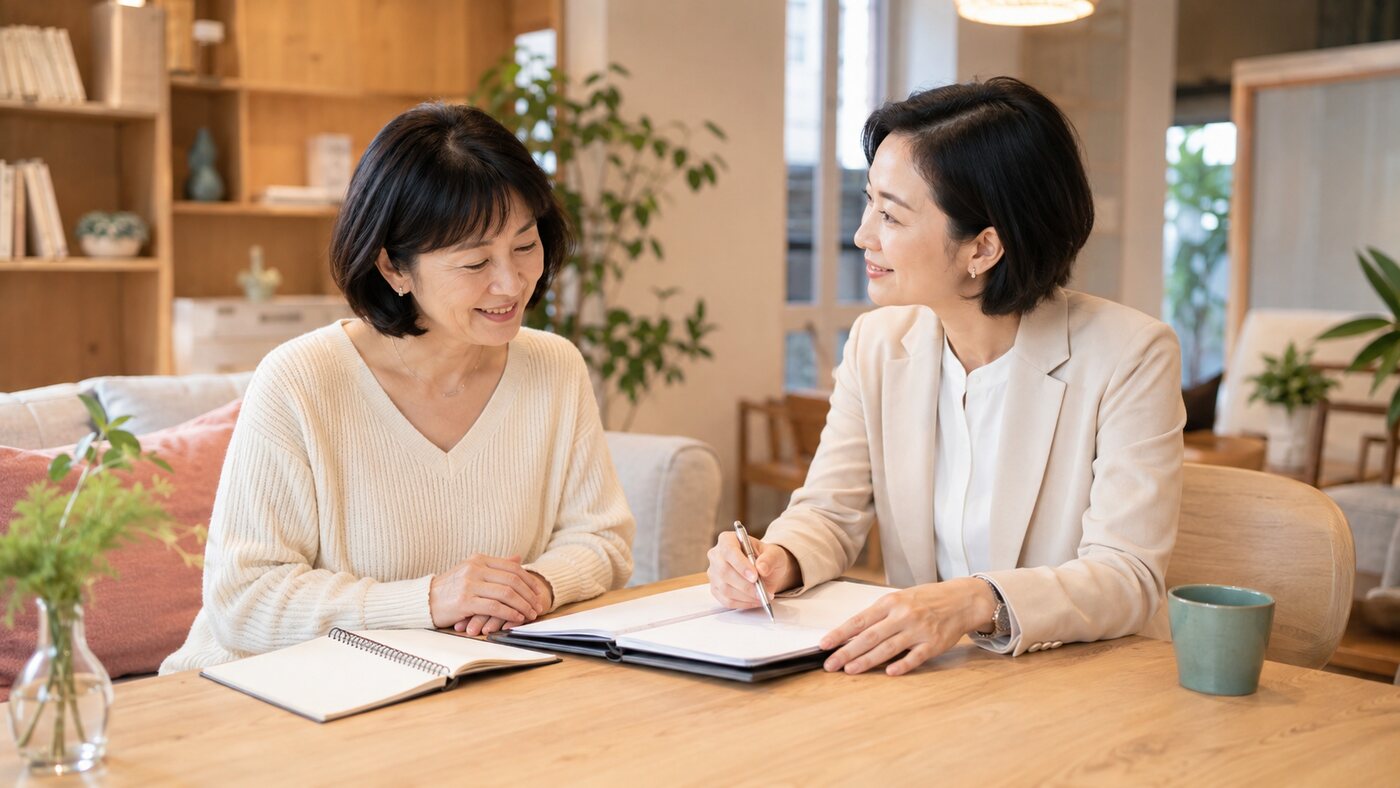 大人の英会話初心者が日本人女性コンシェルジュに相談している様子
