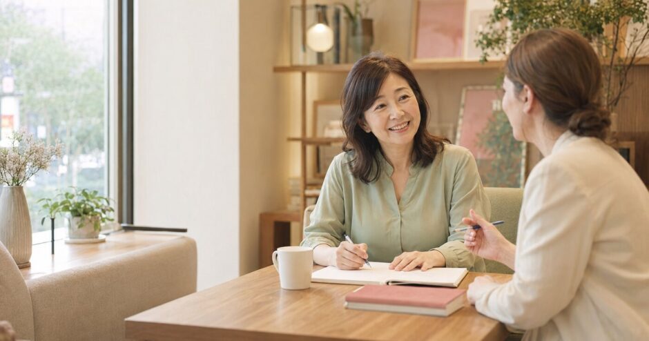 初心者女性がマンツーマン英会話レッスンを受けている様子