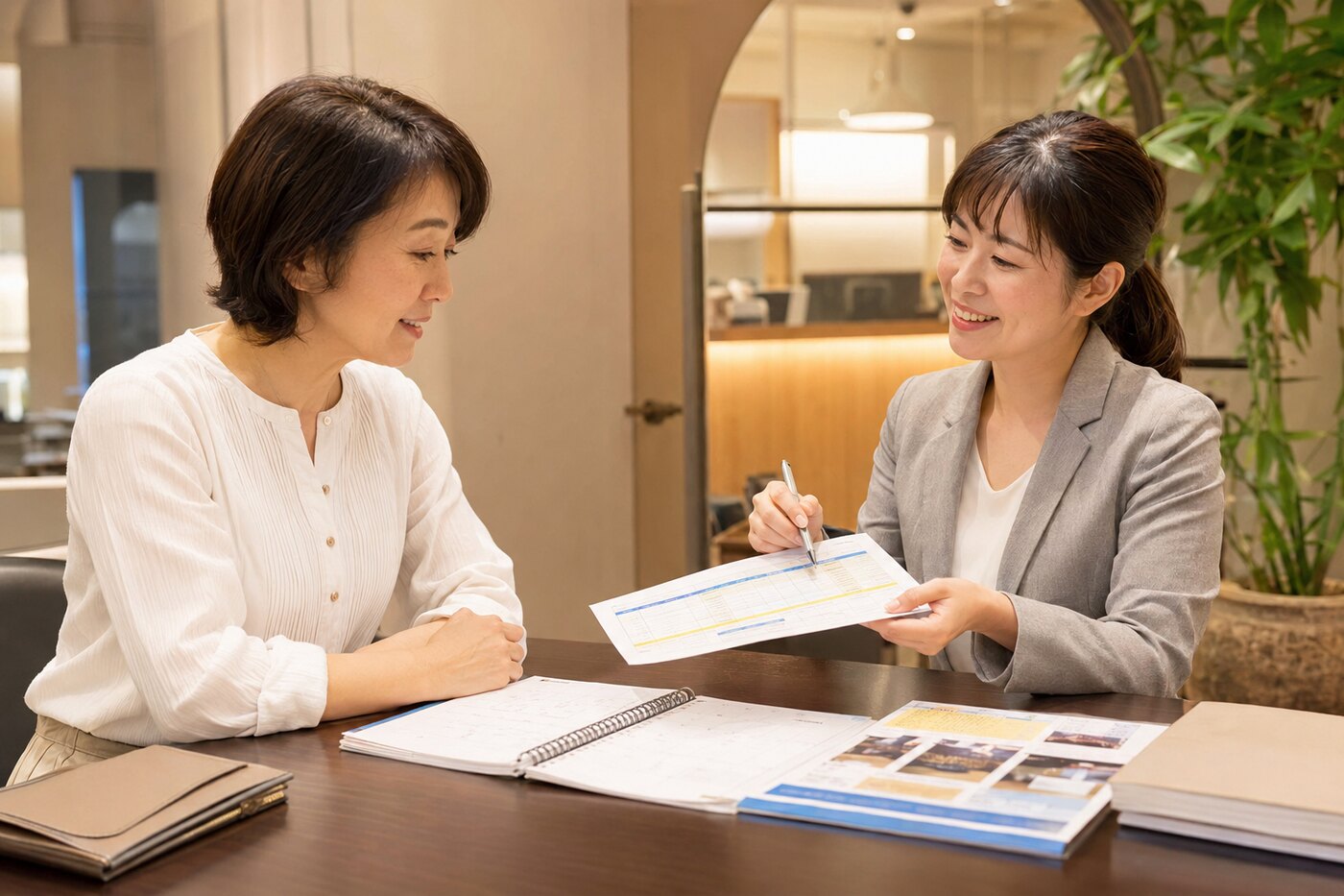 英会話教室の料金や通い方を日本人コンシェルジュへ相談する大人の女性