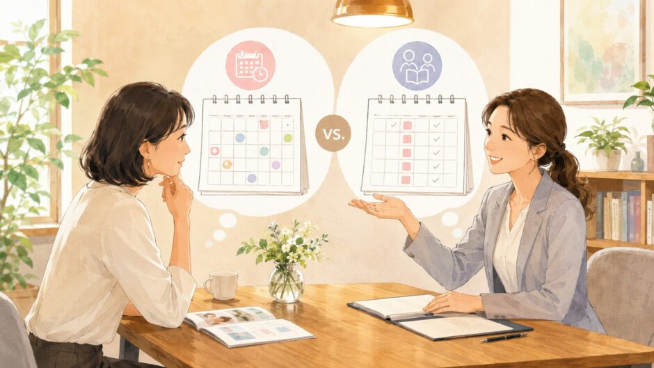 予約制と固定制の英会話レッスンを比較する大人女性