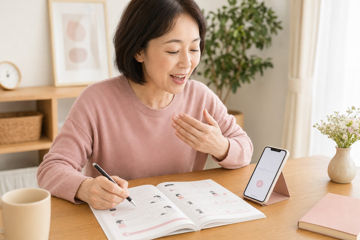 初心者向け英会話教材と音声を使って自宅で復習する大人女性