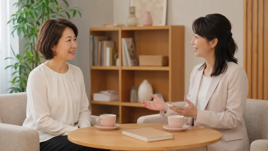 女性スタッフと安心して体験後の相談をする英会話初心者の大人女性