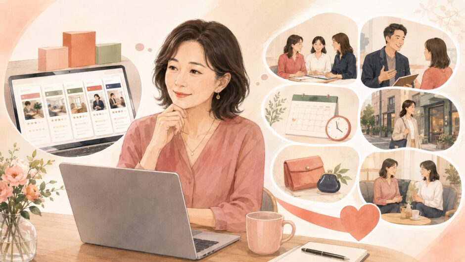 英会話教室のランキングを見ながら自分に合う条件を考える大人の女性