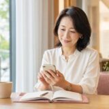 スマートフォンで英会話レッスンの予約を調整する大人の女性