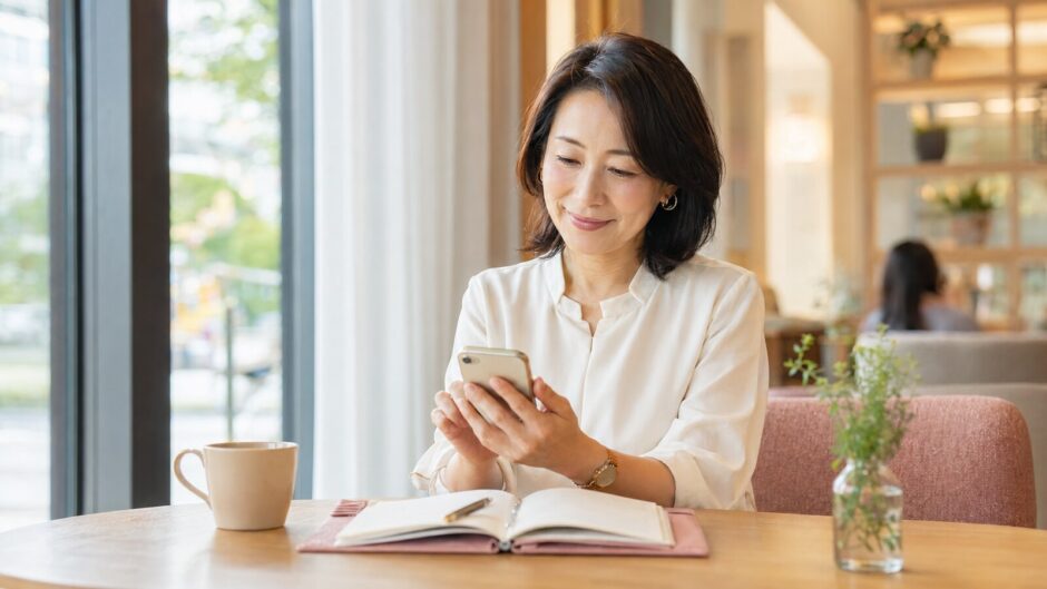 スマートフォンで英会話レッスンの予約を調整する大人の女性