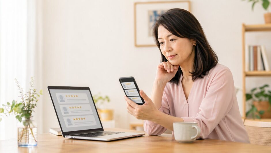 英会話教室の口コミをスマートフォンとパソコンで比較する大人女性