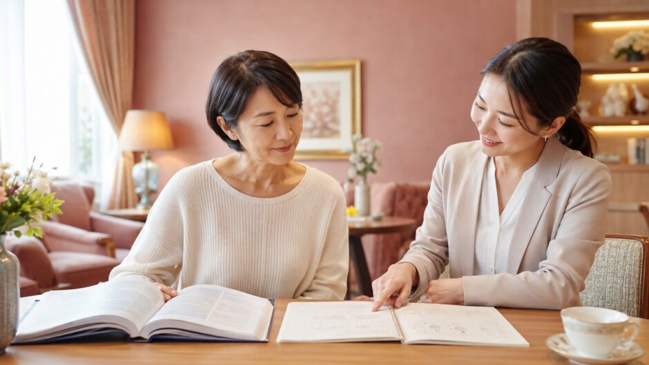 英会話教室の教材費と初心者向け教材を確認する大人女性