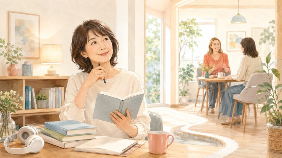 自宅で英語を独学しながら英会話教室へ進む時期を考える大人女性
