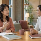 自宅学習の教材を使いながら外国人講師と英会話を練習する大人初心者の女性