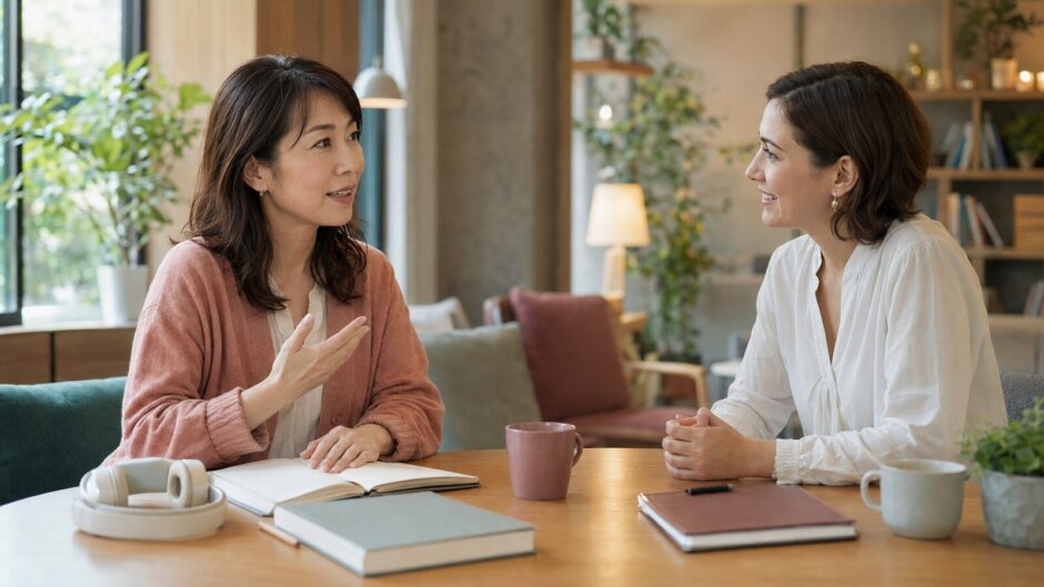 自宅学習の教材を使いながら外国人講師と英会話を練習する大人初心者の女性
