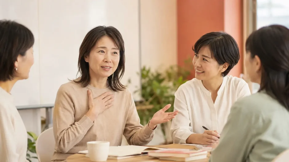緊張しながらも英会話レッスンで話し始める大人女性と見守る講師・受講生