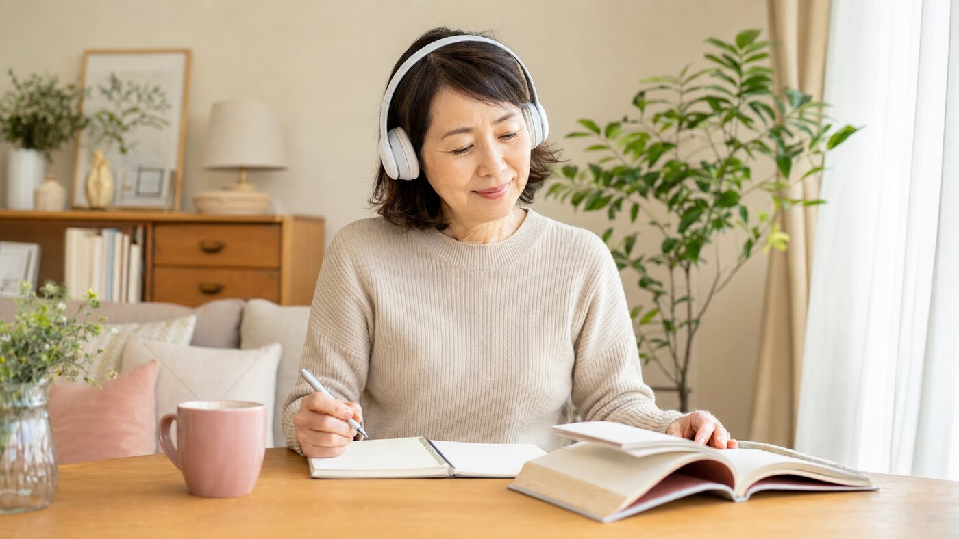 50代の女性が自宅で無理なく英語学習を続けている様子