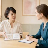 英会話レッスンで外国人講師に自分の仕事を英語で説明する大人女性
