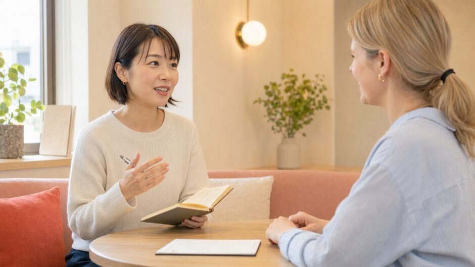 ノートを活用しながら外国人講師と積極的に話す大人初心者女性
