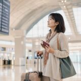 初めての海外一人旅へ出発する大人女性が空港で案内表示を確認する様子