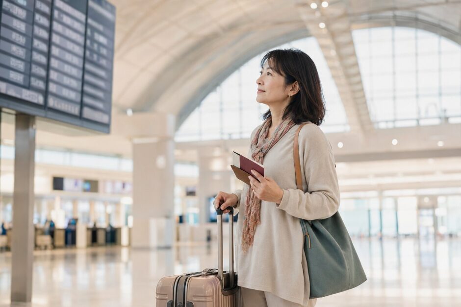 初めての海外一人旅へ出発する大人女性が空港で案内表示を確認する様子