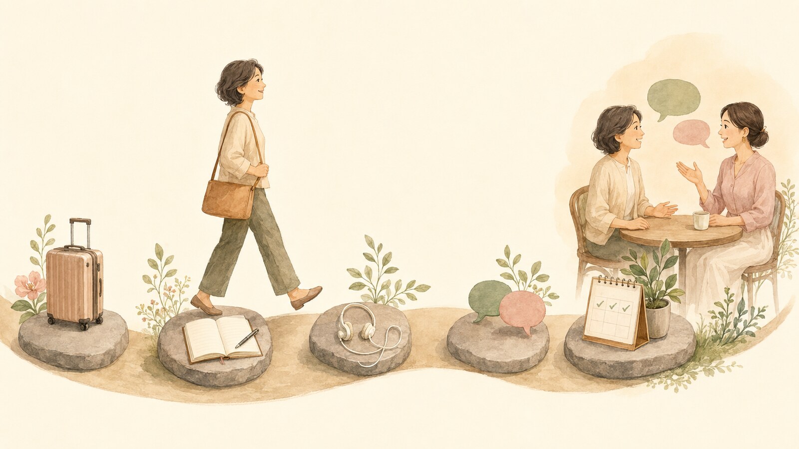 大人初心者が英語を話し始める5つのステップを表したイラスト