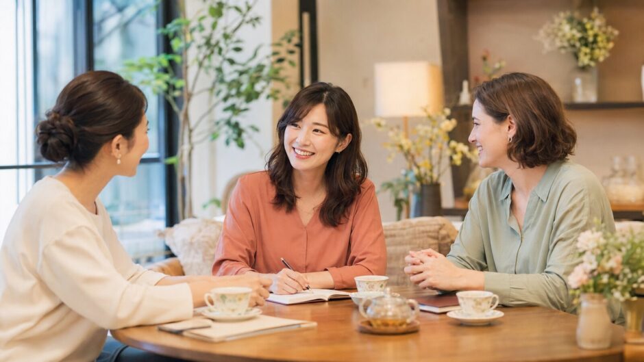 外国人講師と日本人講師から英会話のサポートを受ける大人初心者女性