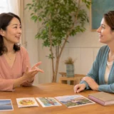 身近な話題を使って外国人講師と英会話のフリートークをする大人女性