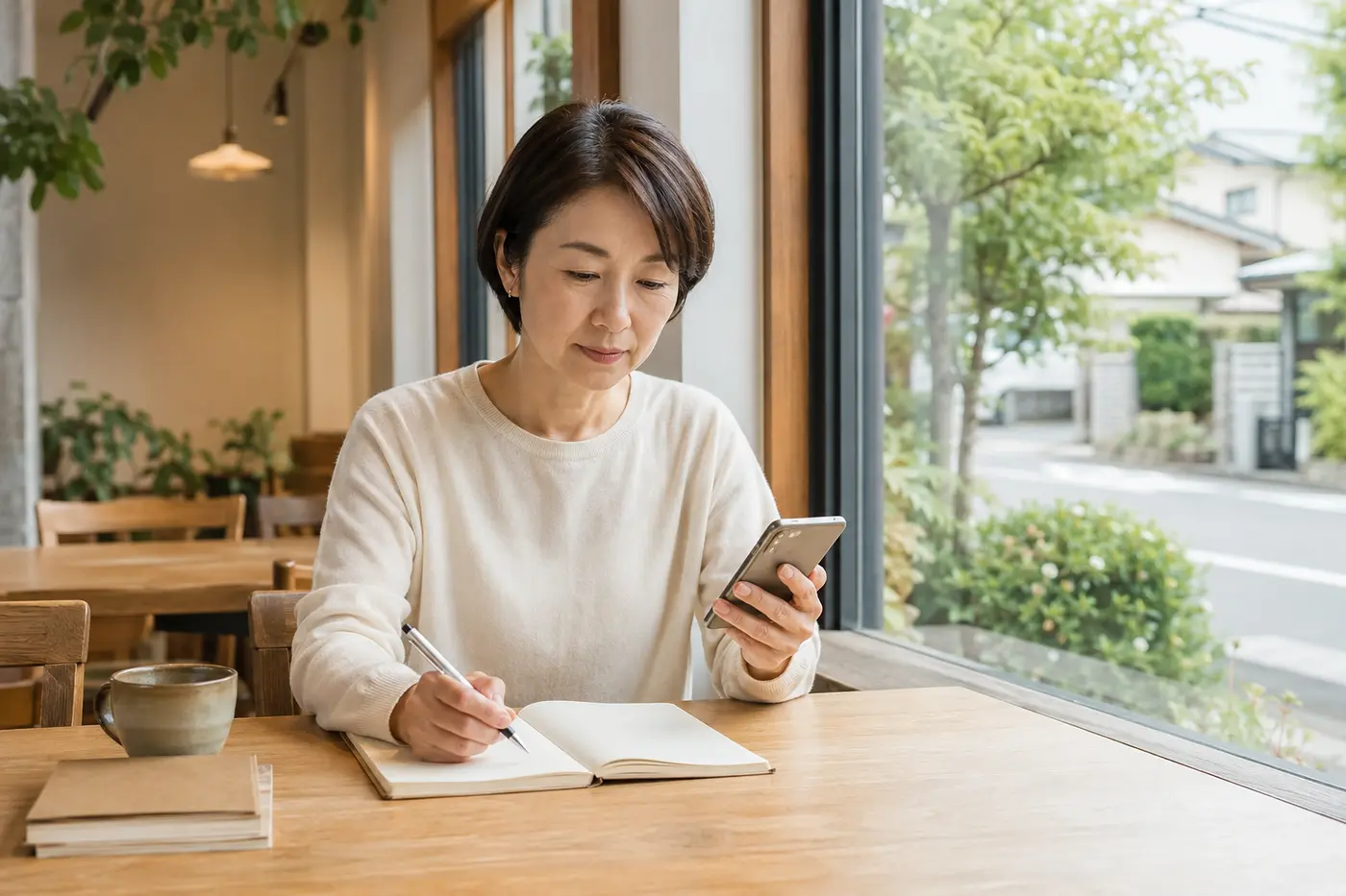 藤沢の落ち着いたカフェで英会話の予習をする大人女性