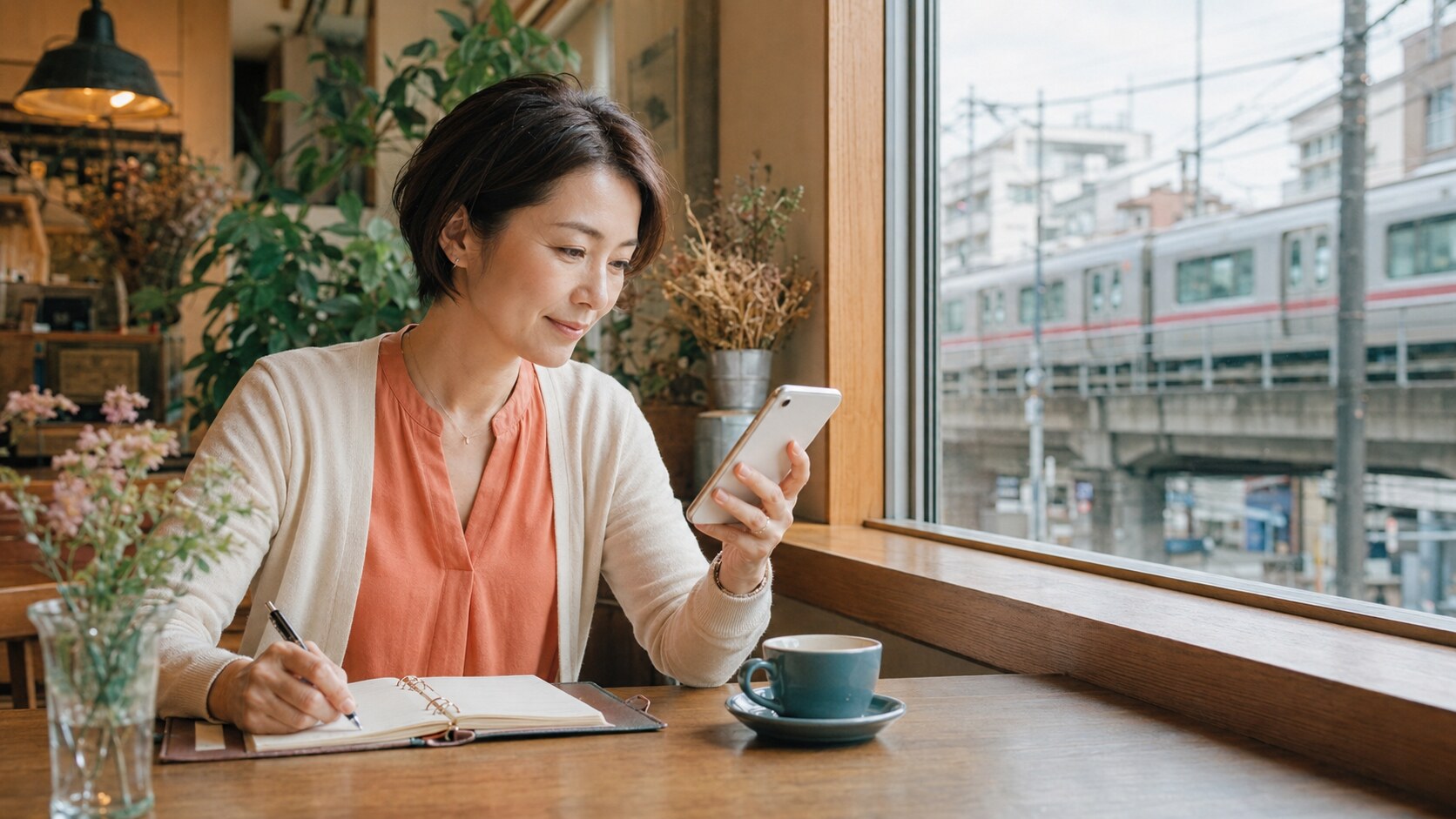 学芸大学のカフェで東横線を使った英会話通学予定を確認する大人女性