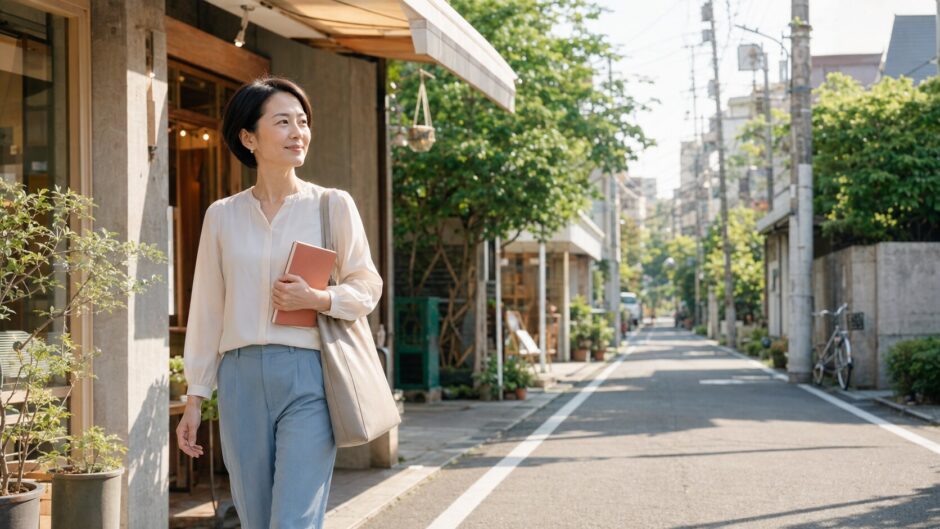 学芸大学の落ち着いた街を英会話レッスンへ向かって歩く大人女性