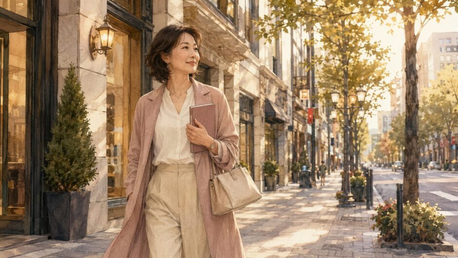 銀座の街を英会話レッスンへ向かう大人女性
