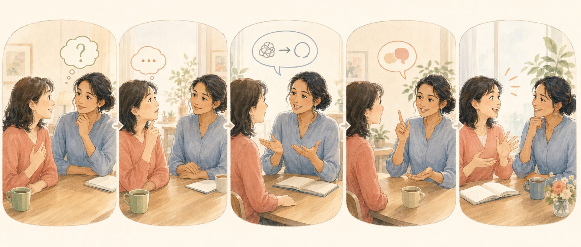 講師が生徒に関心を持ち、待ち、簡単に言い換え、必要な支援をして生徒の発話を引き出す流れ