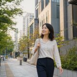 初台の街を歩き新宿方面の英会話教室を検討する大人女性
