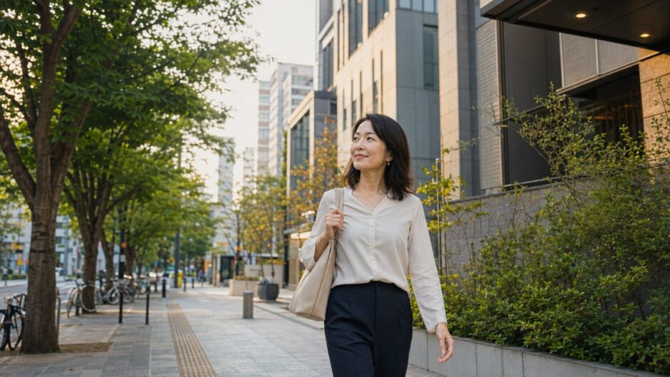初台の街を歩き新宿方面の英会話教室を検討する大人女性
