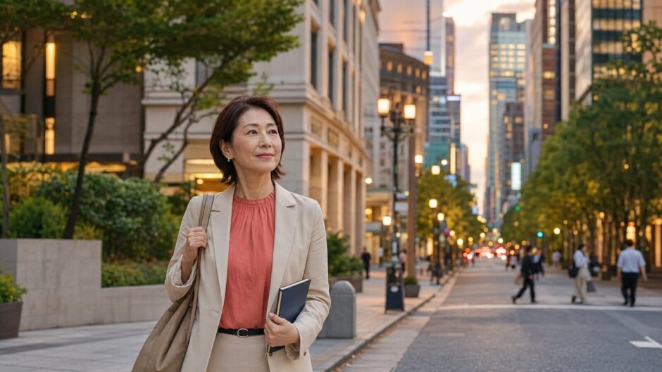 仕事帰りに日比谷から銀座の英会話教室へ歩く大人女性