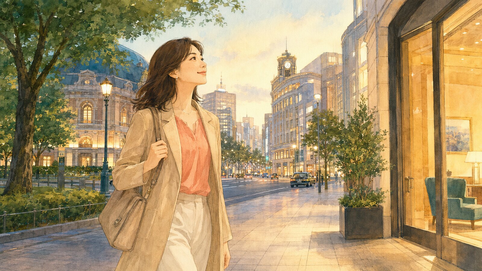 日比谷から銀座の英会話教室へ歩いて向かう大人女性のイラスト