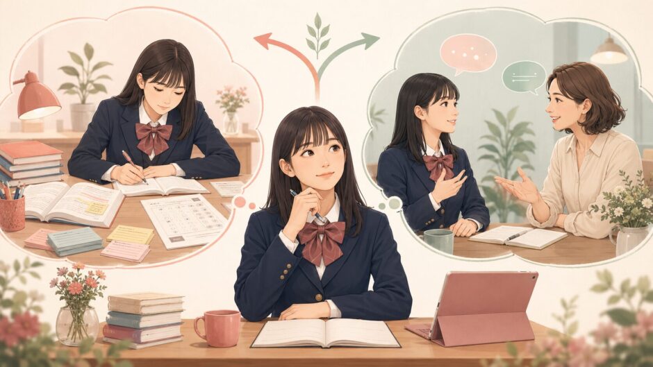 受験勉強と英会話レッスンの違いを考える女子高校生