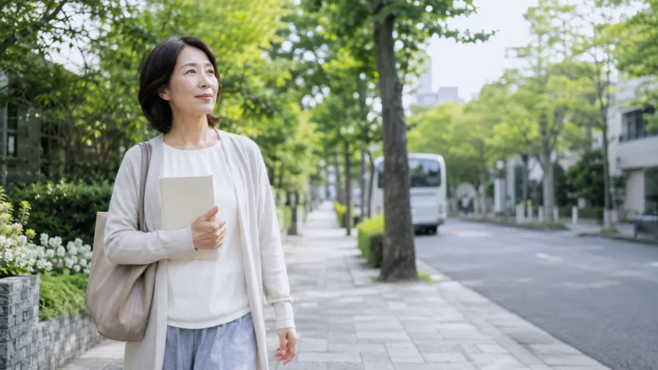 広尾の緑ある住宅街をノートを持って歩く大人女性